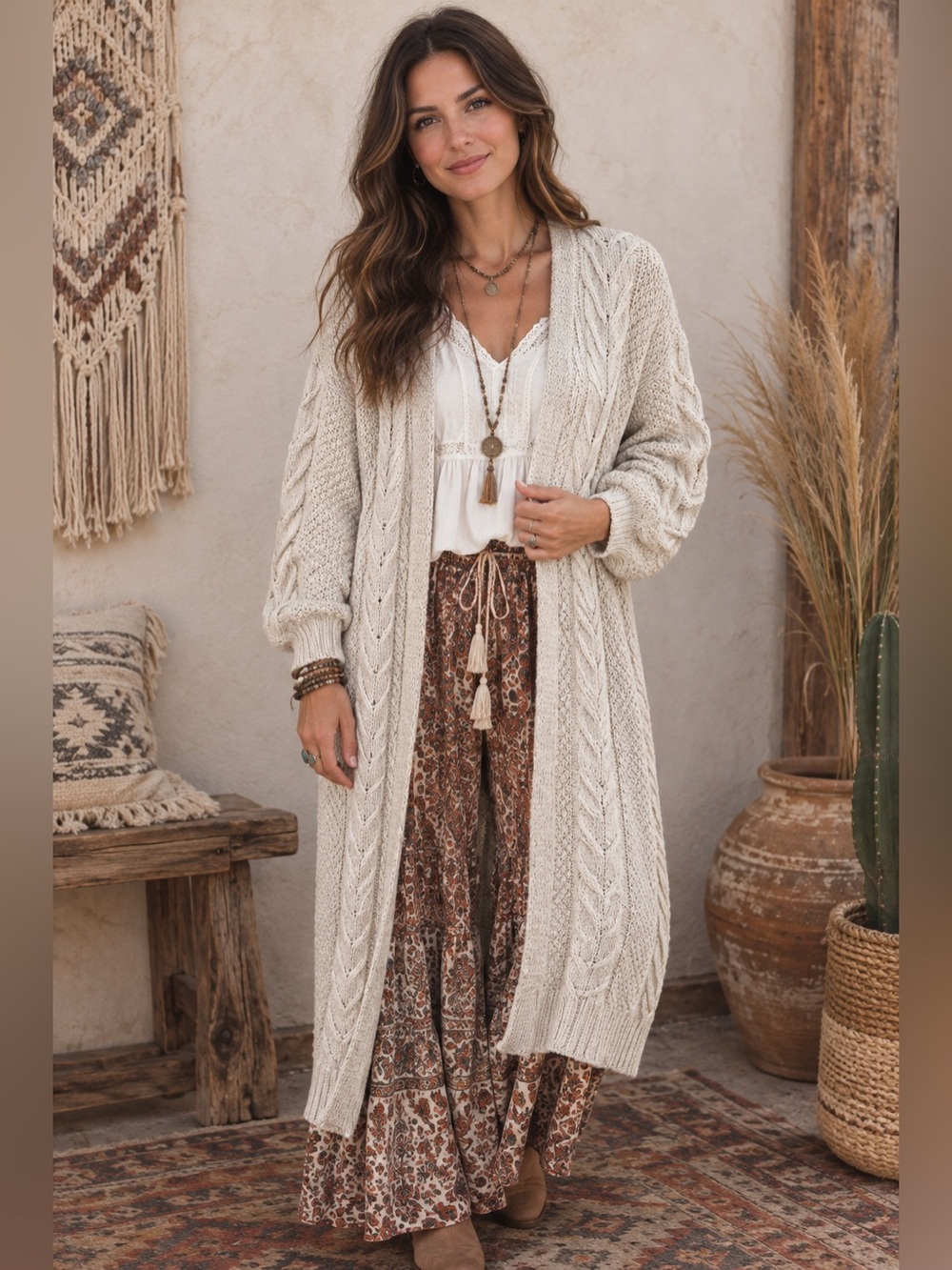 BKE Open-Front Cream Cable Knit Long Cardigan